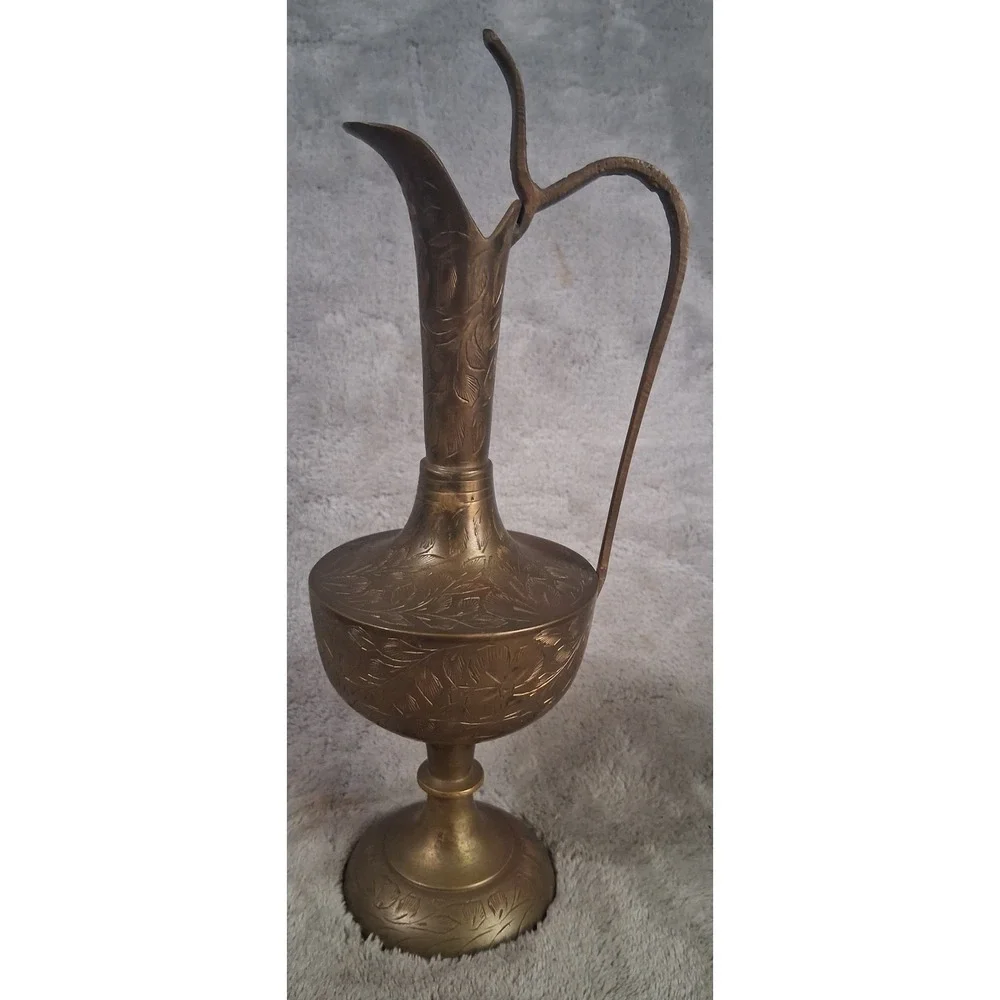 Vtg Etched Brass Pitcher Ewer Floral Hand Crafted India Aftaba Moorish Styl 9.5